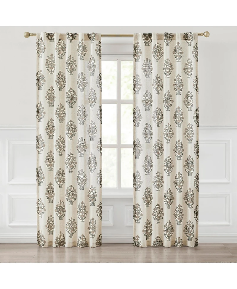 Sofia Flower Block Bouquet Linen Textured Window Curtain Panels Clay/Teal Pair 37x84