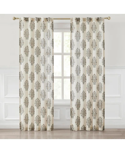 Sofia Flower Block Bouquet Linen Textured Window Curtain Panels Clay/Teal Pair 37x84