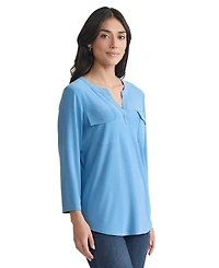 Jones New York Women's Solid 3/4-Sleeve Flap-Pocket Knit Top