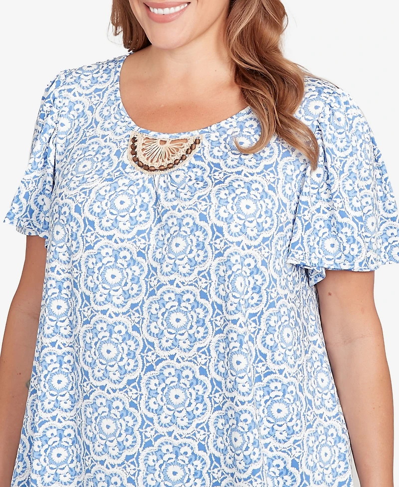 Ruby Rd. Plus Beaded Macrame Puff Print Top