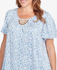 Ruby Rd. Plus Beaded Macrame Puff Print Top