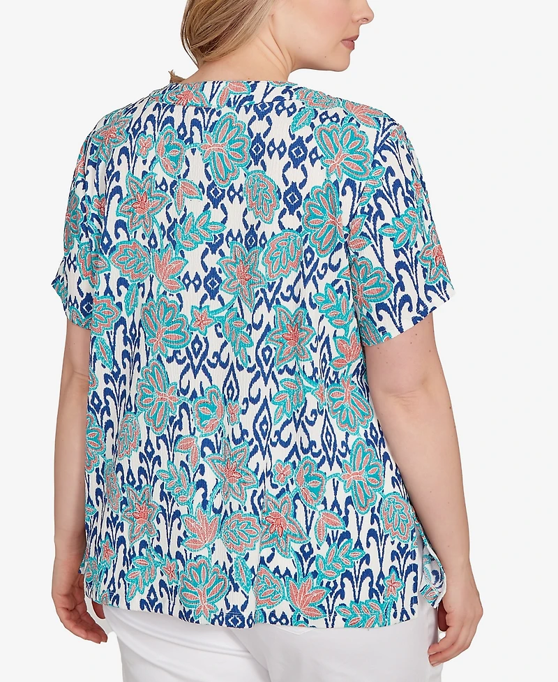 Ruby Rd. Plus Floral Overlay Ikat Embroidered Top