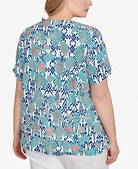 Ruby Rd. Plus Floral Overlay Ikat Embroidered Top