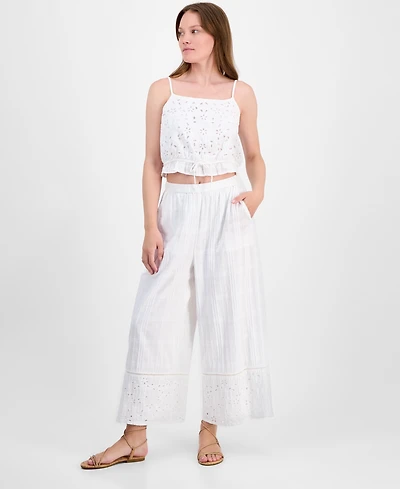 Lucky Brand Women's Cotton High-Rise Cutwork Wide-Leg Pants