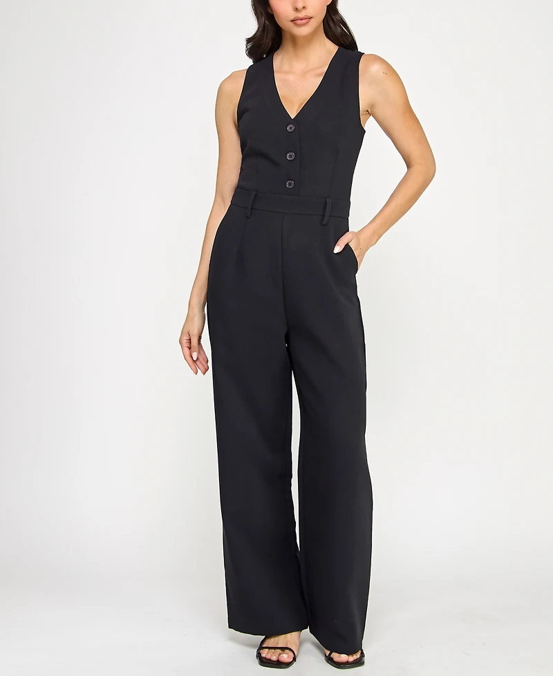 Planet Gold Juniors' Woven V-Neck Sleeveless Jumpsuit
