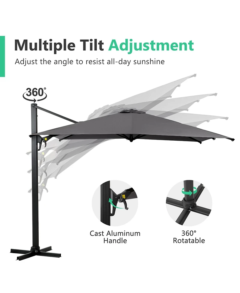 10 Ft Cantilever Patio Umbrella with 360° Rotation & Tilt Adjustment, Square Outdoor Offset Umbrella with Aluminum Pole