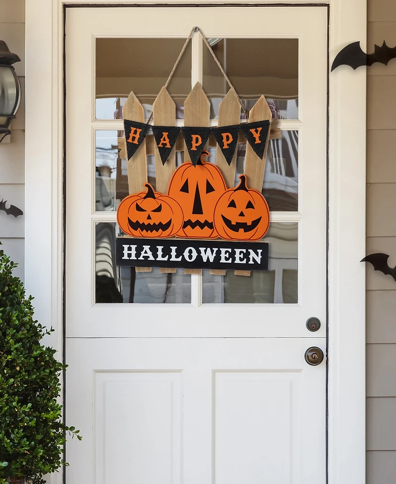 Glitzhome 14" Halloween Wood Jack-o'-Lantern Door Hanger