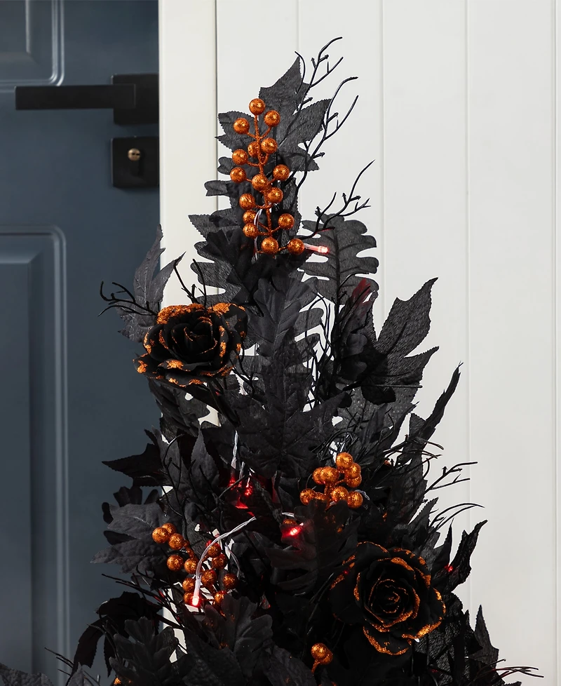 Glitzhome 36" Halloween Lighted Black Rose with Orange Glitter Urn Porch Tree with Timer