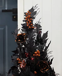Glitzhome 36" Halloween Lighted Black Rose with Orange Glitter Urn Porch Tree with Timer