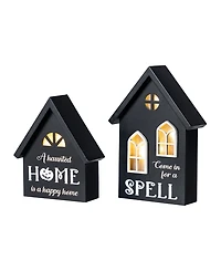 Glitzhome Lighted Halloween Wooden House-shaped Table Decor, Set of 2