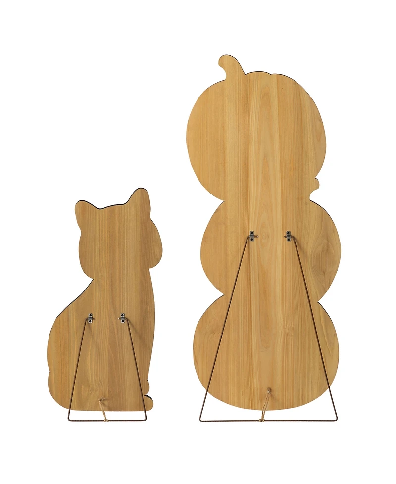 Glitzhome Halloween Wooden Skeleton Cat and Stacked Pumpkin Porch Decor, Set of 2