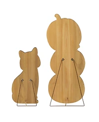 Glitzhome Halloween Wooden Skeleton Cat and Stacked Pumpkin Porch Decor, Set of 2