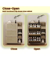 Natural Bohemia Style Shoe Cabinet, Shoe Rack Cabinet with 3 Rattan Flip Drawers,3 Square Shelves and 1 Storage Drawer, Shoe Organizer with Mulit Stor