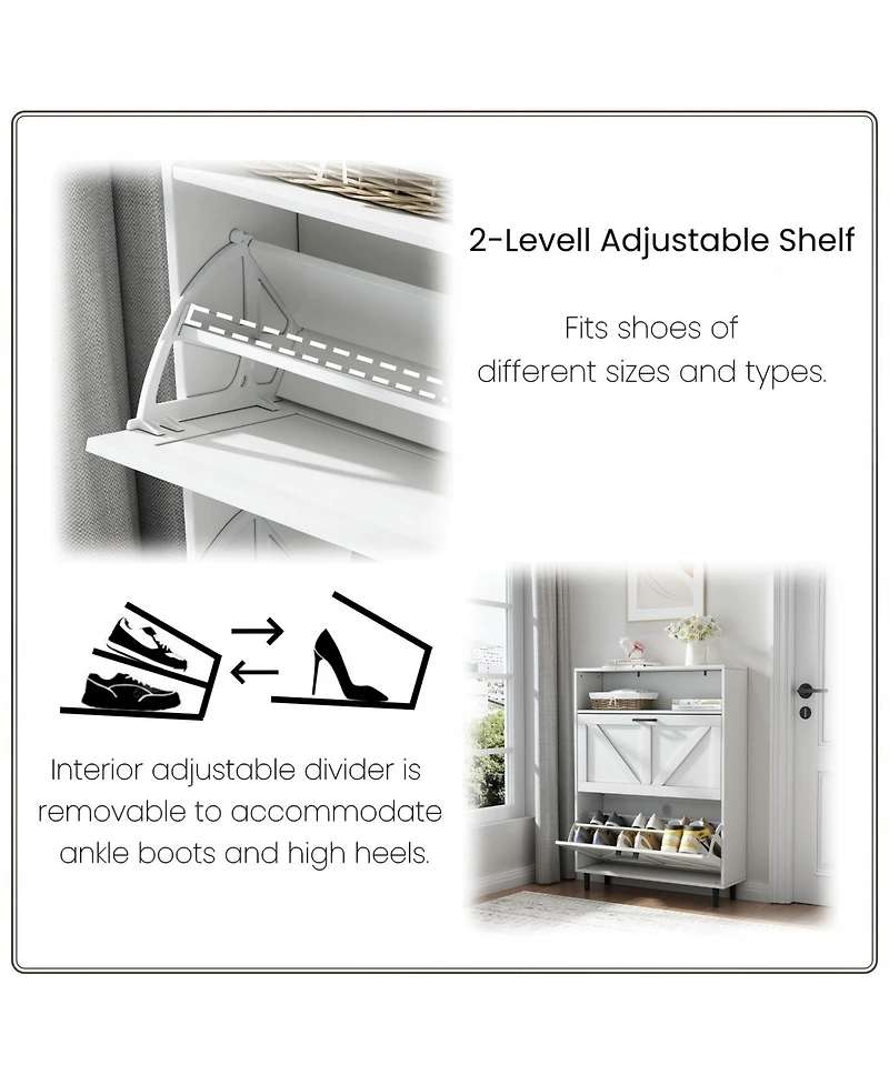 Farmhouse Shoe Storage Cabinet with Barn Door Design, Shoe Organizer with 2 Flip Drawers