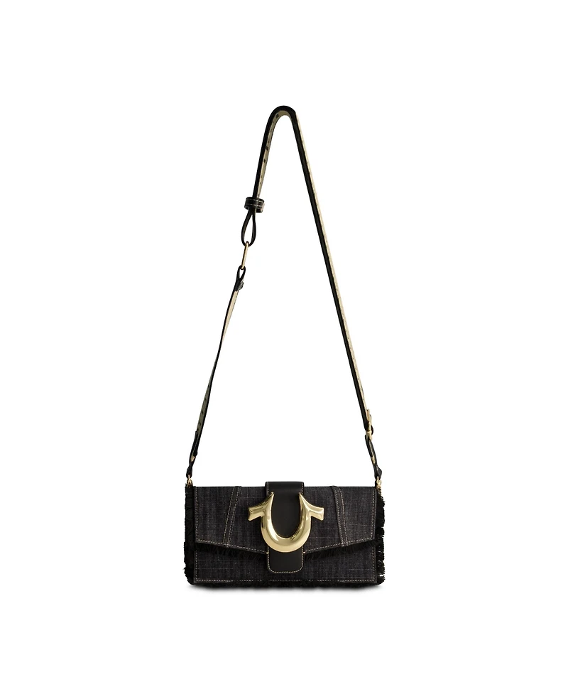 True Religion Frayed Denim Flap Bag with Logo Strap
