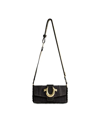 True Religion Frayed Denim Flap Bag with Logo Strap