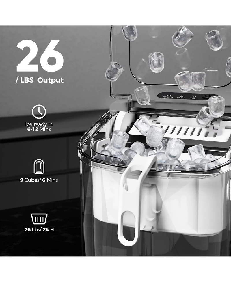Cowsar Countertop Ice Maker Machine with Handle,26Lbs/24H,9 Cubes Ready in 6 Mins,Self-Cleaning Function with Ice Scoop and Basket for Home/Office