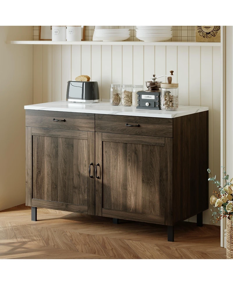 Homsee Marble patterned wooden multifunctional storage cabinet with two doors and two drawers, pantry