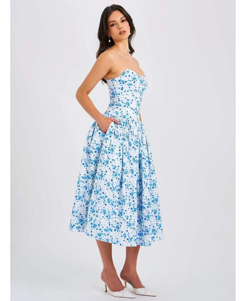 Miss Circle Women's Paloma Blue Print Linen Corset Draping Top Midi Dress