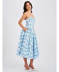 Miss Circle Women's Paloma Blue Print Linen Corset Draping Top Midi Dress
