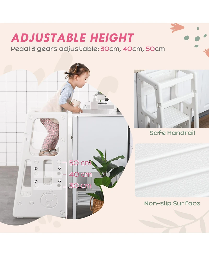 Toddler Tower with Adjustable Height, Toddler Kitchen Stool Helper with Anti-slip Mat, Step Stool for Kitchen, Bathroom, White
