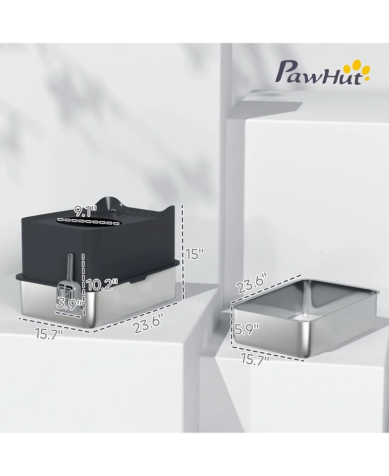 PawHut Stainless Steel Litter Box, Enclosed Litter Box with Scoop,