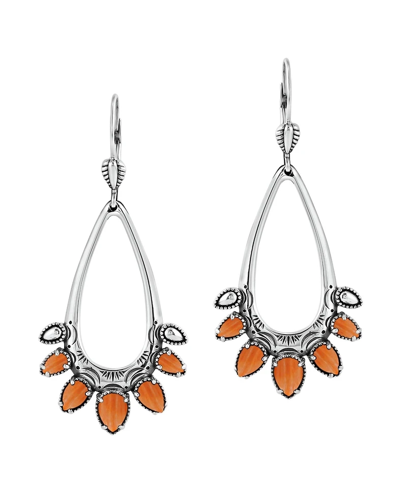 American West Jewelry Sterling Silver Orange Spiny Oyster Open Pear Gemstone Lever Back Earrings