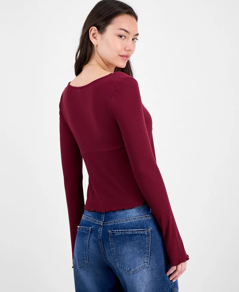 Self Esteem Juniors' Solid V-Neck Rib Knit Long Sleeve