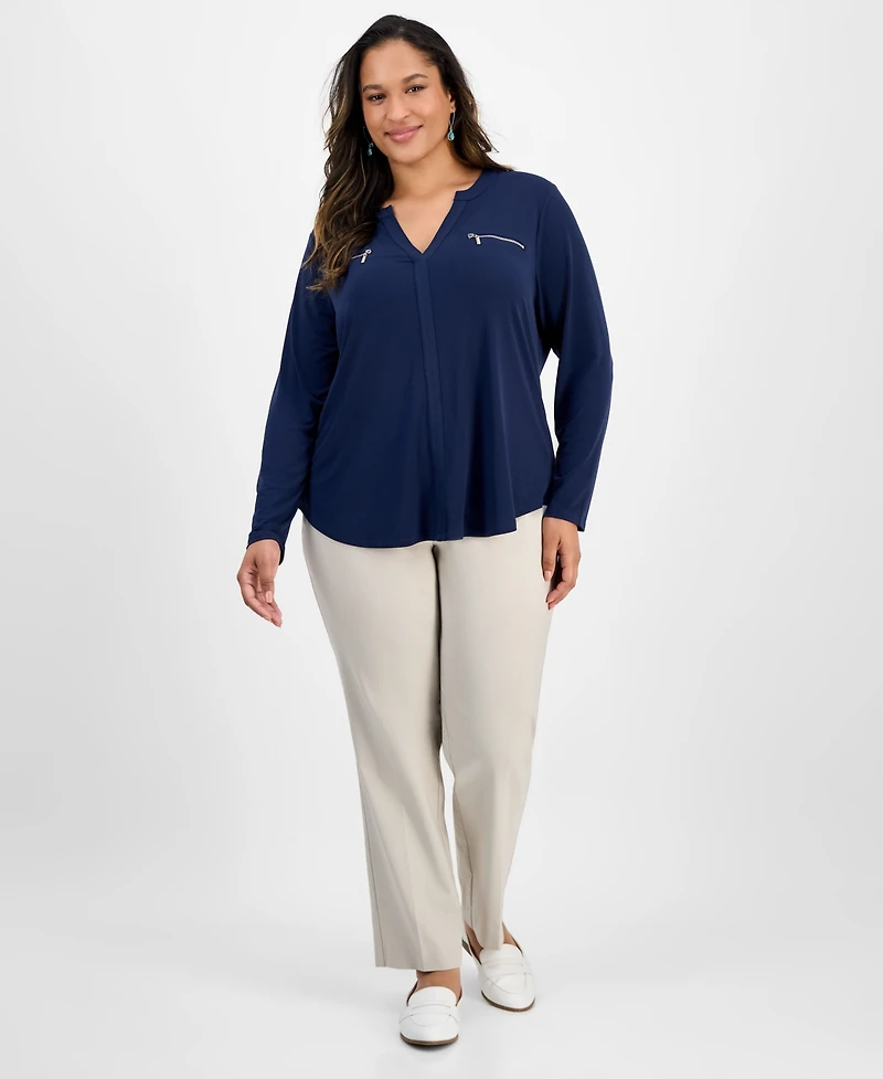 Jm Collection Plus Solid V-Neck Long-Sleeve Top, Macy's Exclusive