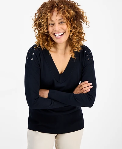 Jm Collection Petite Lace-Up Shoulder V-Neck Sweater, Macy's Exclusive