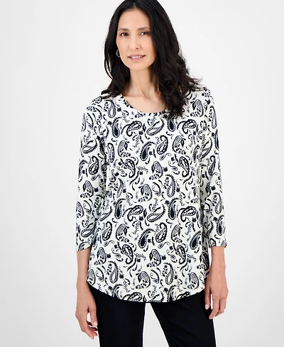 Jm Collection Women's Printed Scoop-Neck 3/4-Sleeve Top, Exclusively at Macy's
