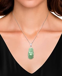 Dyed Green Jade Carved Buddha 18" Pendant Necklace in Sterling Silver
