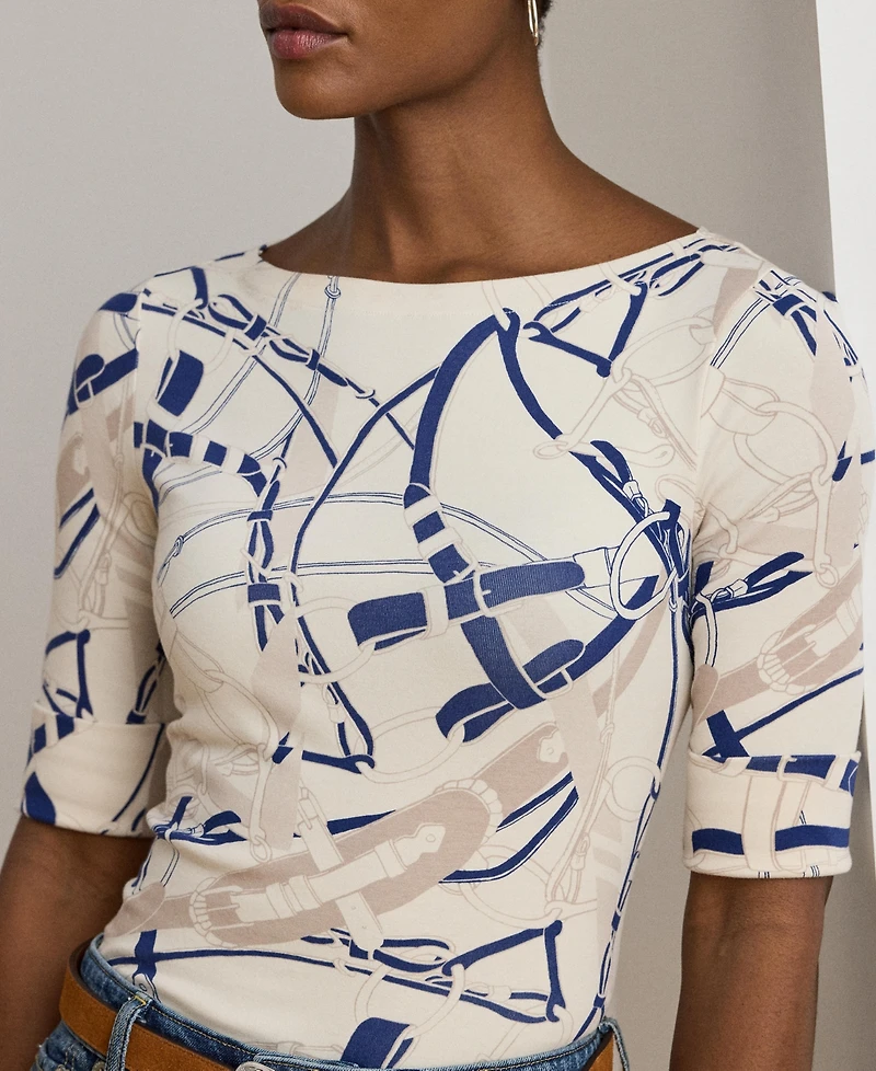 Lauren Ralph Women's Belting-Print Cotton Boatneck Tee