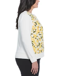 Rafaella Plus Lemon Print Woven Front Long Sleeve Cardigan Sweater