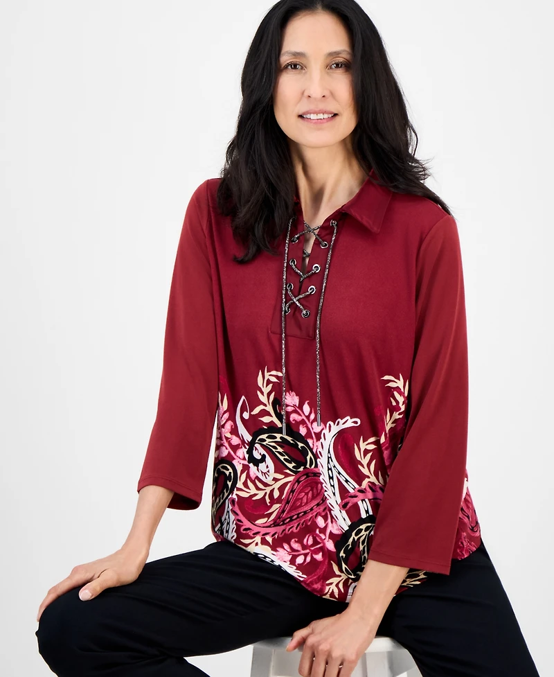 Jm Collection Petite Trailing Paisley Printed Lace-Up Top, Macy's Exclusive
