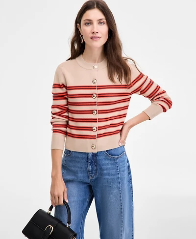 On 34th Women's Striped Long-Sleeve Crewneck Cardigan, Macy's Exclusive