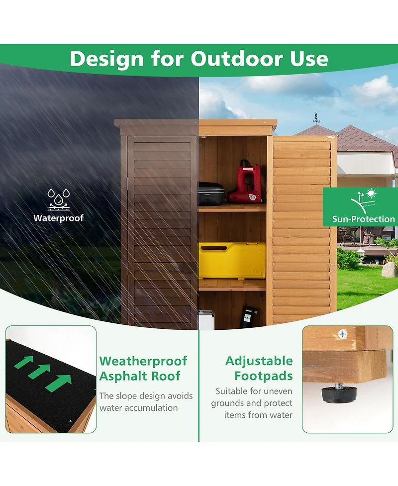 Costway Outdoor Fir Wood Storage Shed Garden Tool Cabinet Locker Tall Vertical Organizer