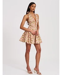 Miss Circle Women's Mackenzie Green and Pink Floral Print Halter Linen Mini Dress