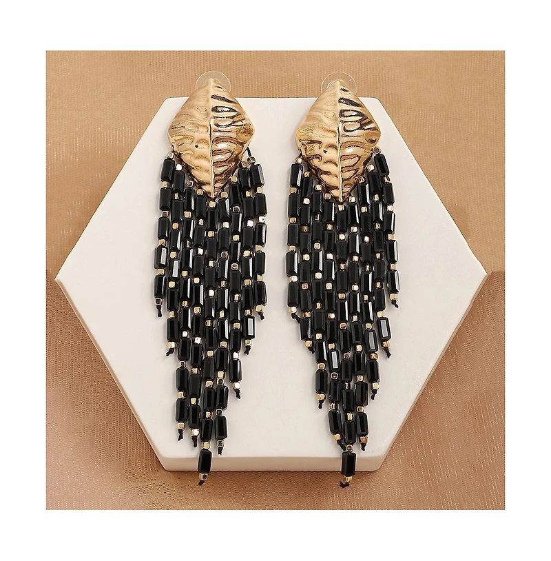 Sohi Women's Black Beaded Strand Drop Earrings