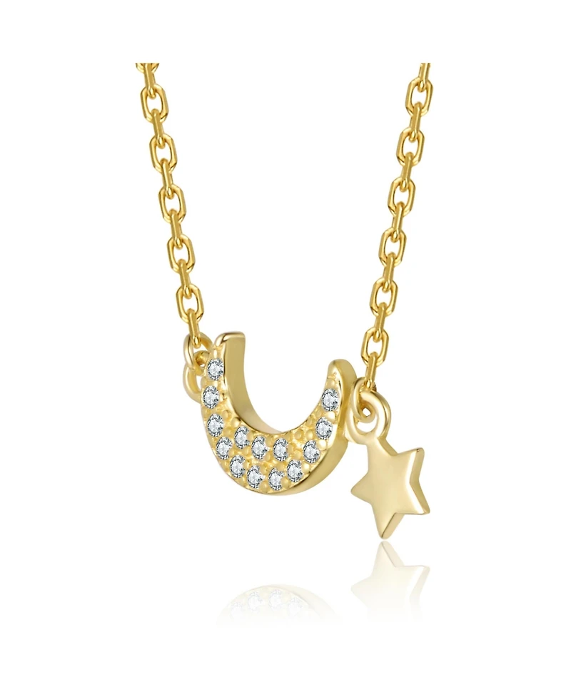 Rachel Glauber 14K Gold Plated with Clear Cubic Zirconia Moon & Star Pendant Necklace