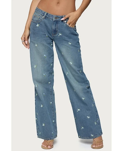 Edikted Women's Edna Floral Embroidered Low Rise Jeans