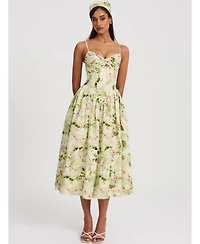 Miss Circle Women's Jacinda Green Floral Print Ruched Breast Linen Midi Dress