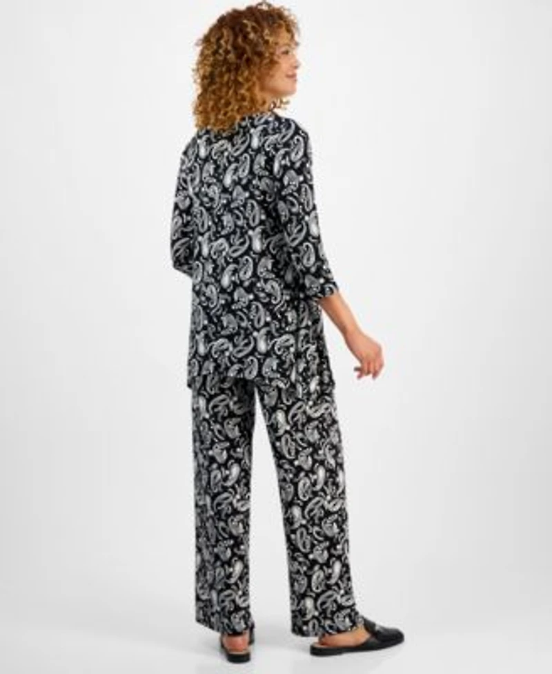 Jm Collection Womens Printed 3 4 Sleeve Swing Top Pull On Pants