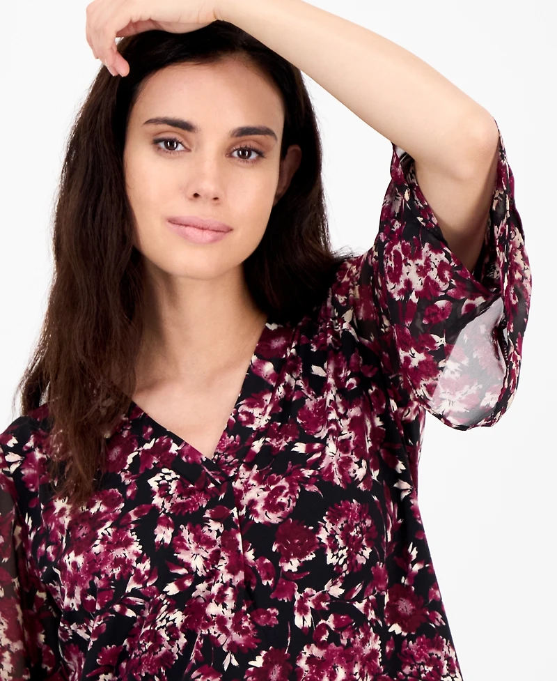 Ak Anne Klein Petite Floral-Print Bell-Sleeve Blouse