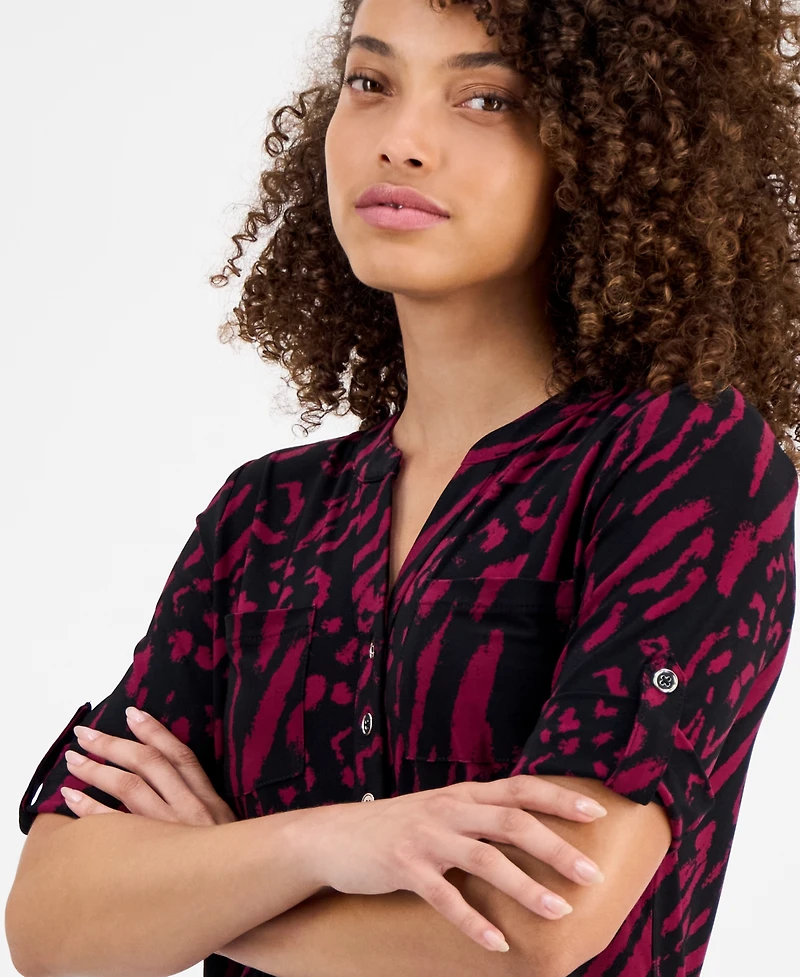 Ak Anne Klein Petite Printed Rolled-Sleeve Button-Front Top