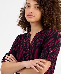 Ak Anne Klein Petite Printed Rolled-Sleeve Button-Front Top