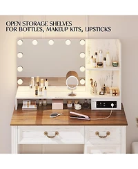 Vlsrka Vanity desk for bedroom with lights, drawers, shelves, stool, and mirror.