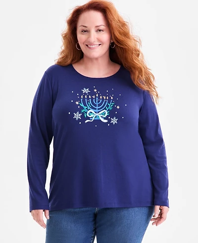 Holiday Lane Plus Size Menorah Long-Sleeve T-Shirt, Macy's Exclusive