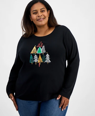 Holiday Lane Plus Festive Tree Long-Sleeve T-Shirt, Macy's Exclusive