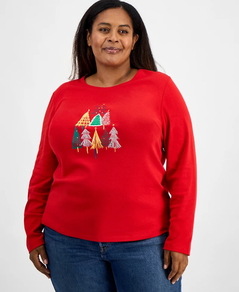 Holiday Lane Plus Size Festive Tree Long-Sleeve T-Shirt, Macy's Exclusive